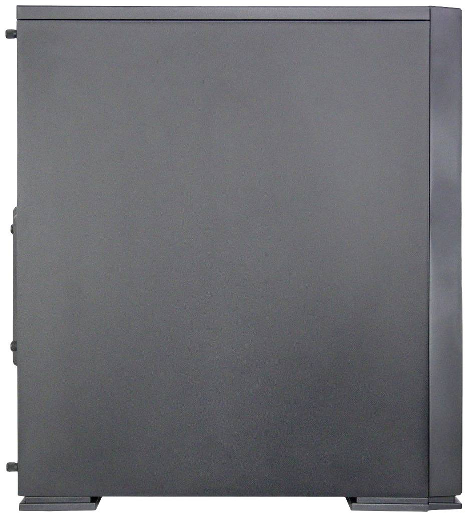 Een zwarte computertoren, zijaanzicht, zonder zichtbare merken of logo's. De behuizing is eenvoudig en minimalistisch.