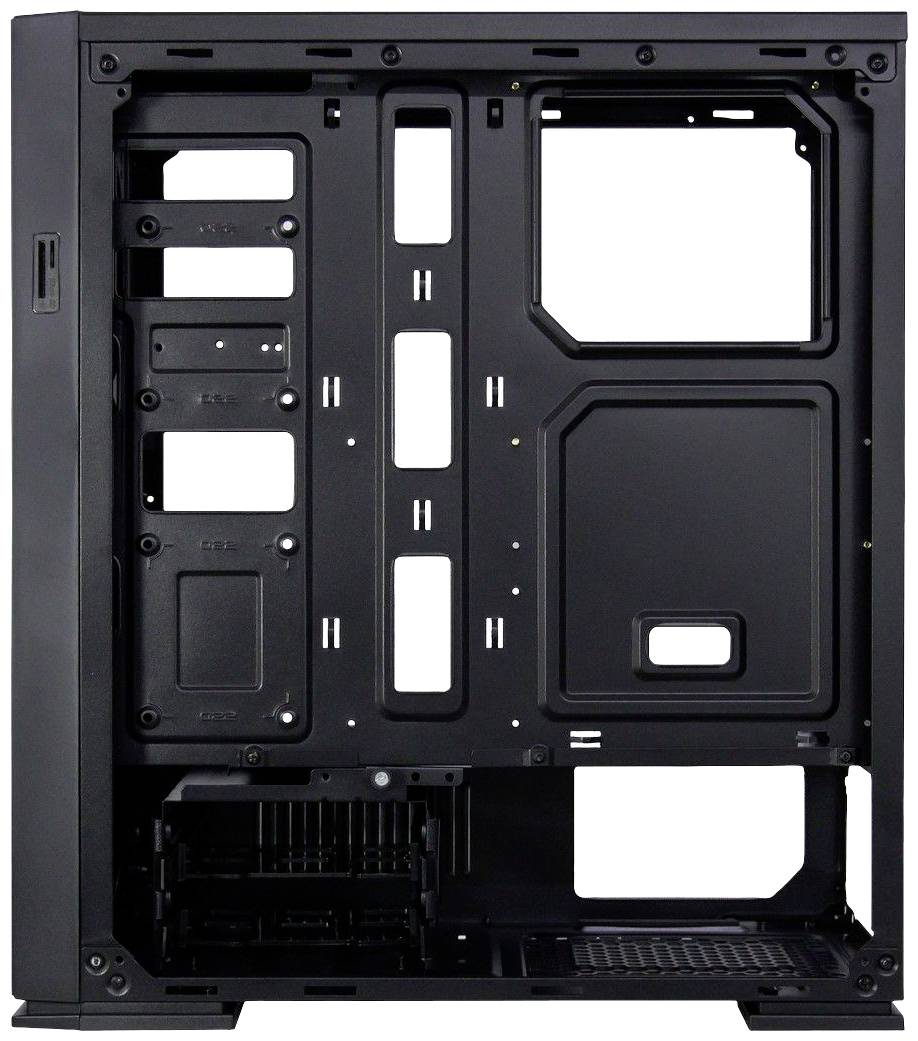 Zwart geschilderd pc-behuizing zonder geïnstalleerde componenten, met meerdere compartimenten en zichtbare ventilatiesleuven, geschikt voor computerbouw.