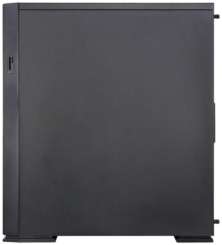 Zwart computerbehuizing met een minimalistisch design zonder zichtbare aansluitingen of knoppen aan de zijkant.