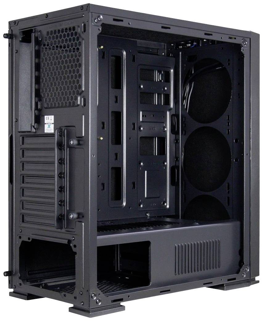 Zwart computerbehuizing zonder componenten, toont meerdere ventilatorposities en uitbreidingssleuven, geschikt voor desktop-pc-assemblage.