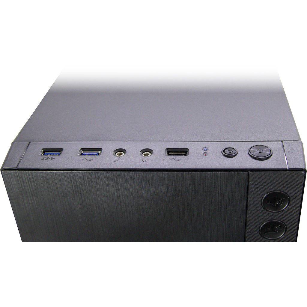 Een computerbehuizing met aansluitingen bovenaan, waaronder USB- en audiopoorten, alsmede Power- en Reset-knoppen. Donker, metalen design.