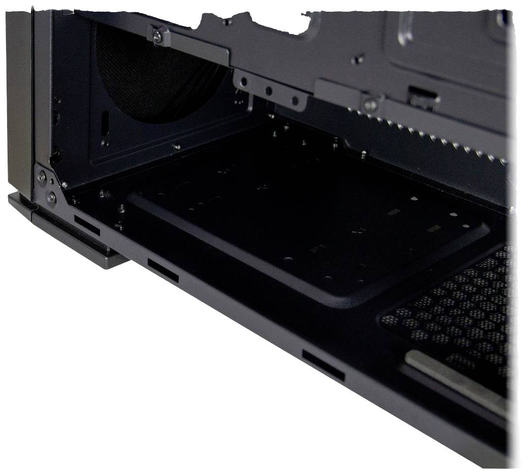 Binnenaanzicht van een leeg computerbehuizing, waarbij de onderste bevestigingssteun en voorzieningen voor componentinstallatie zichtbaar zijn.