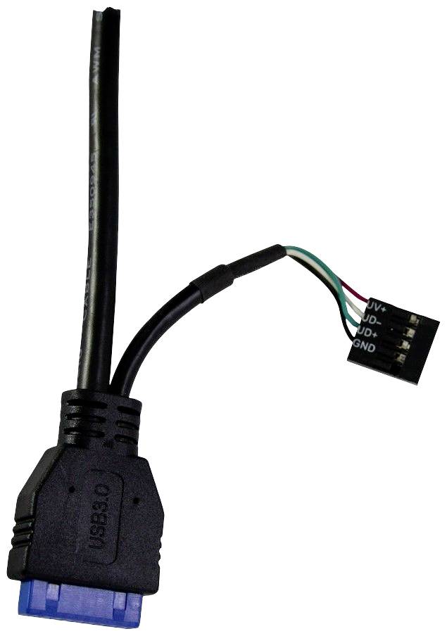 Een USB 3.0-naar-moederbord-header-kabel, die dient voor het aansluiten van een USB 3.0-aansluiting op een moederbord.