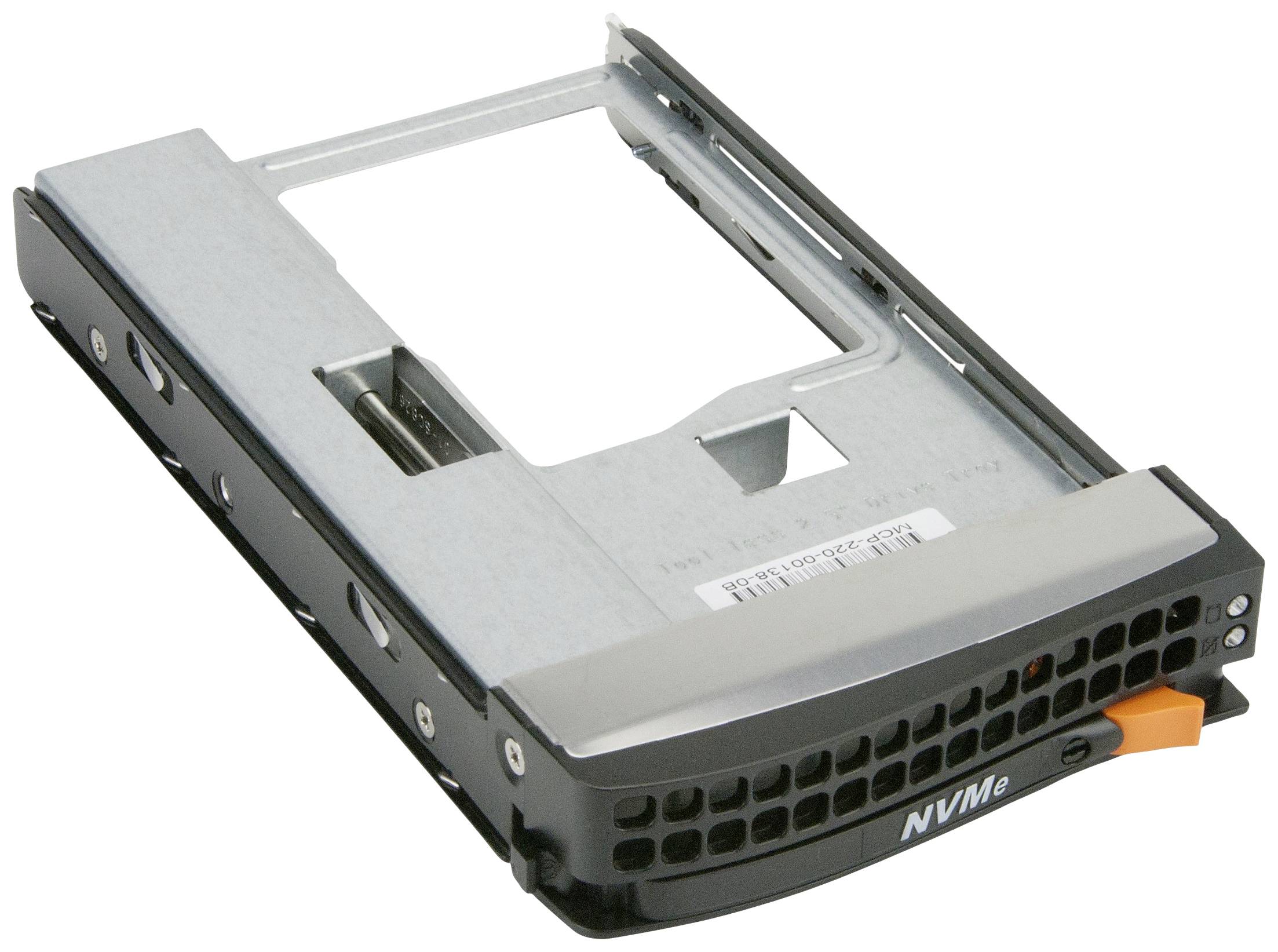 Interne NVMe-SSD-drager met een metalen frame en een kunststof afdekking aan de voorkant. Bevat geen vaste schijf.