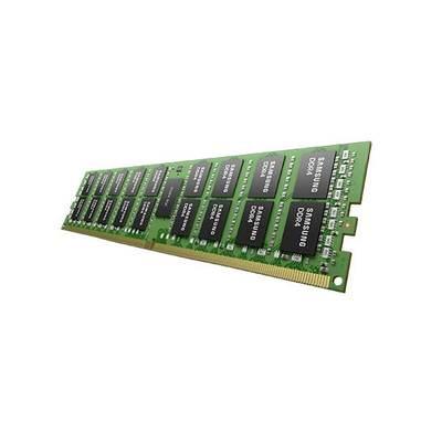 Een groene DDR4-RAM-geheugenchip met meerdere zwarte geheugeneenheden en een goudkleurige aansluiting.