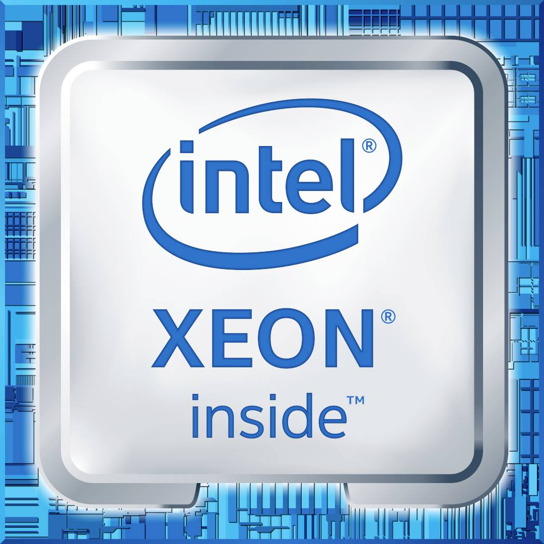 'Intel Xeon inside'-logo op een blauwe, printplaat-achtergrond. Symboliseert krachtige computertechnologie.