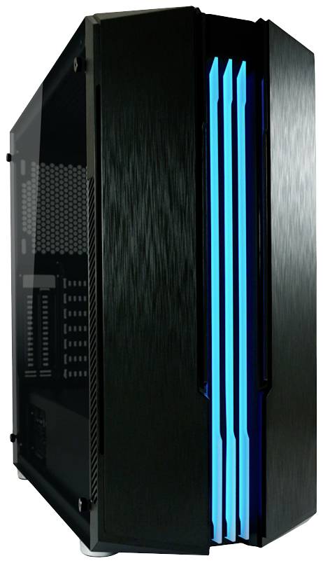 Een zwarte computerbehuizing met blauwe LED-verlichting aan de zijkant. Het heeft een glazen voorkant die een blik naar binnen mogelijk maakt.