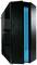 Een zwarte computerbehuizing met blauwe LED-verlichting aan de zijkant. Het heeft een glazen voorkant die een blik naar binnen mogelijk maakt.