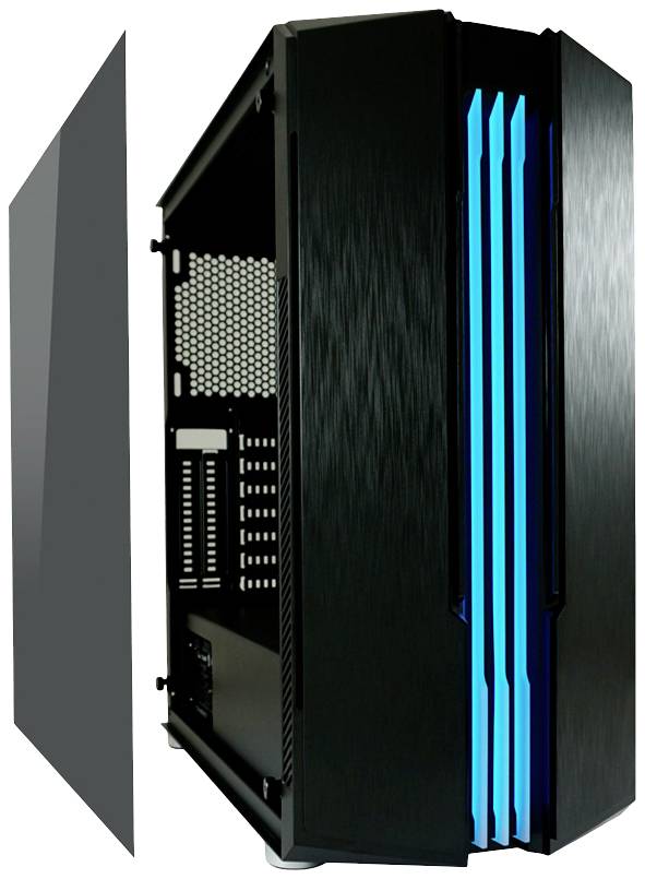 Een zwarte computerbehuizing met blauw verlichte verticale strepen aan de voorkant, met geopende voorklep.