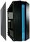 Een zwarte computerbehuizing met blauw verlichte verticale strepen aan de voorkant, met geopende voorklep.