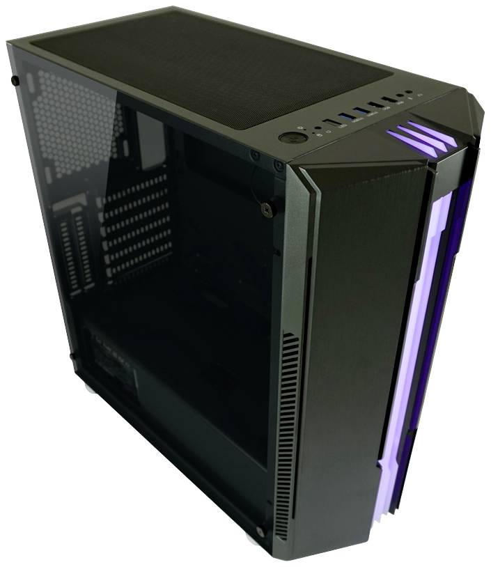 Zwart computerbehuizing met transparant zijpaneel en paarse accenten. Bovenste bedieningspaneel met meerdere USB-poorten zichtbaar.