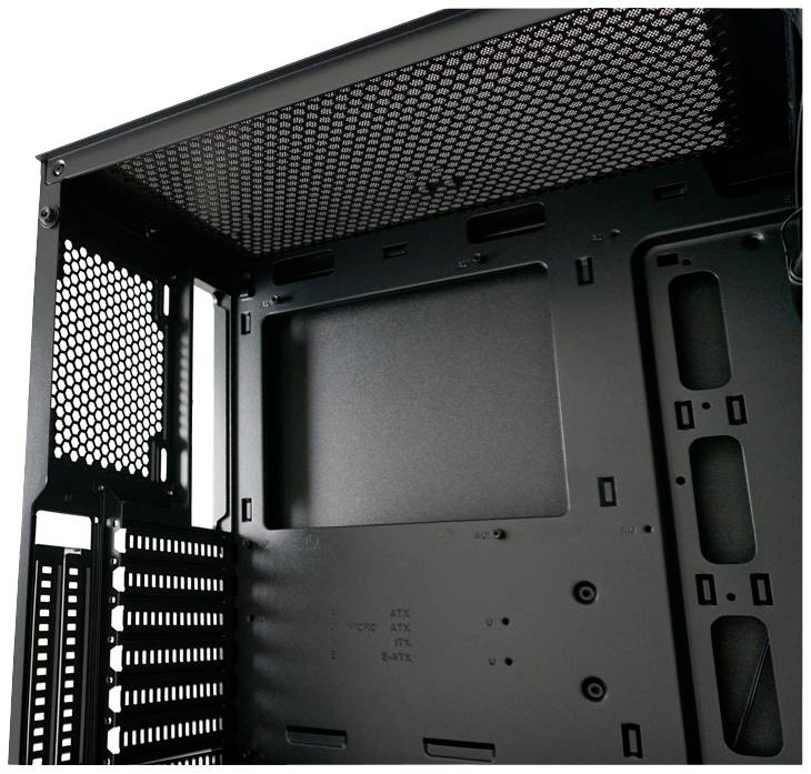 Zwart pc-behuizingsinterieur met ventilatierooster en meerdere PCI-sleuven aan de rechterkant. Geschikt voor hardwaremontage van computers.