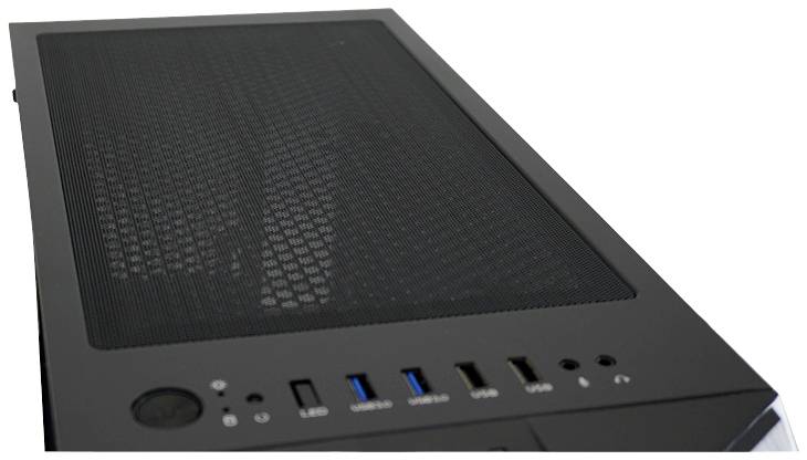 Een zwarte computerbehuizing met meerdere USB-poorten en een netschakelaar aan de voorkant. De bovenkant heeft een ventilatierooster.