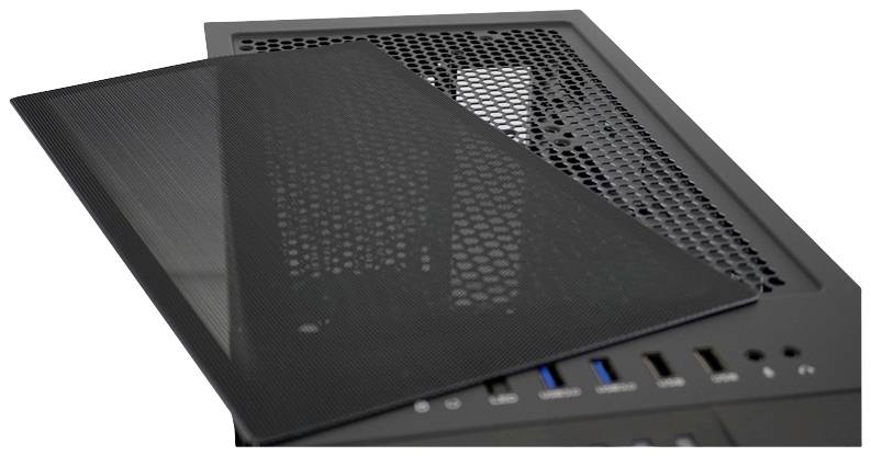 Een computerbehuizing met een verwijderbare netvoedingskap. Zichtbaar zijn USB-poorten en ventilatieroosters bovenaan de behuizing.