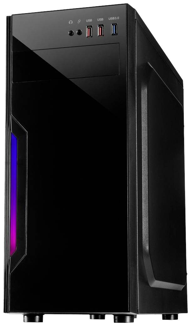 Een zwarte computerkast met kleurrijke LED-verlichting aan de voorkant. Hij beschikt over USB-poorten en heeft een strak, modern ontwerp.