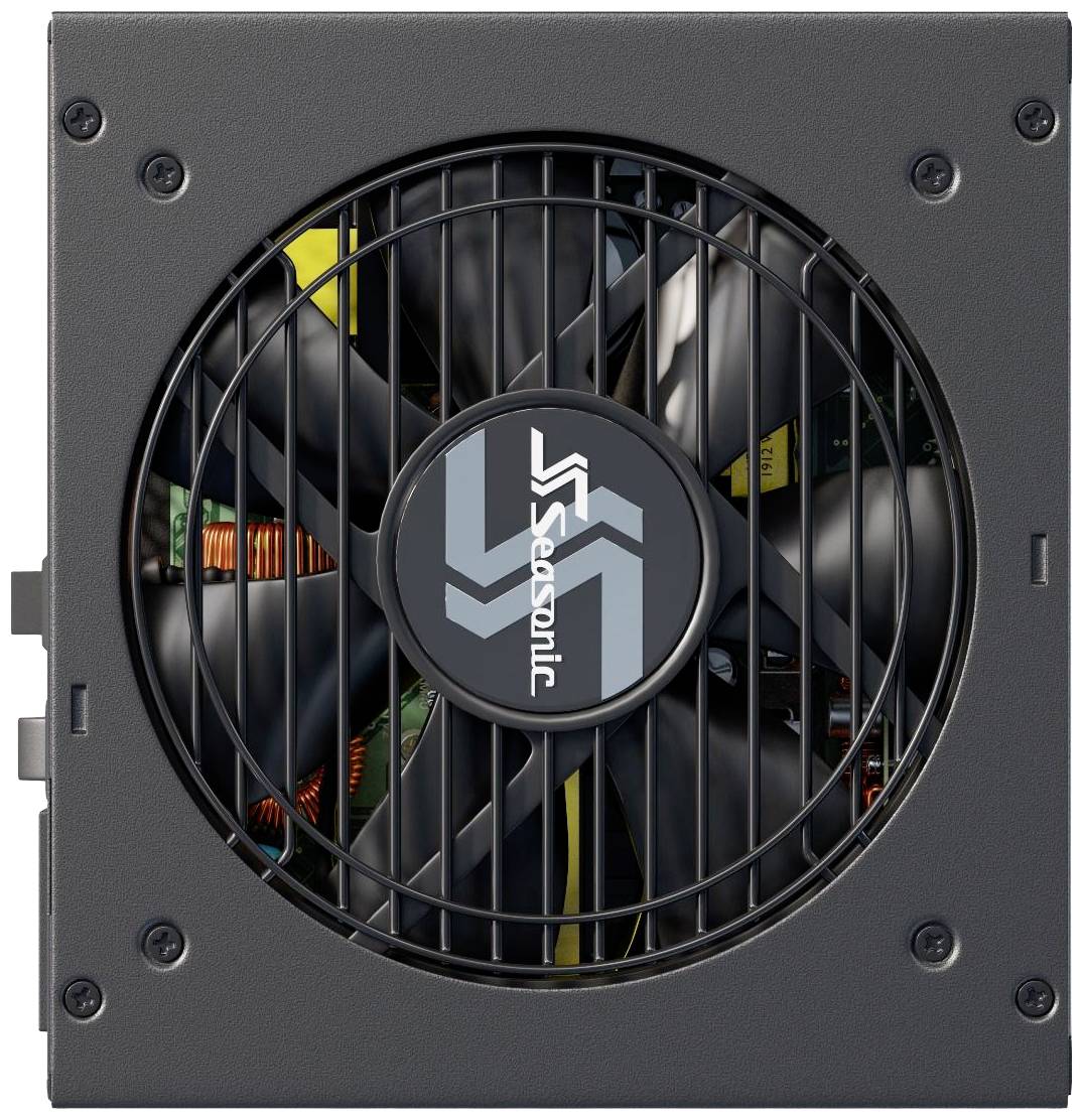 Een zwarte computervoeding met een grote ventilator in het midden en een logo in het midden van de ventilatornaaf.