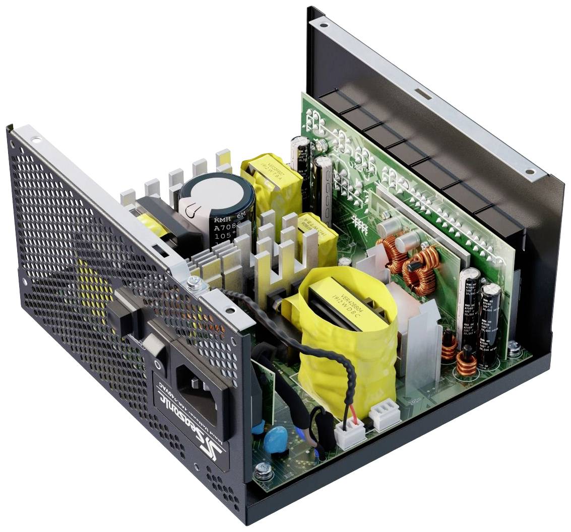 Een open computervoeding met zichtbare elektronische componenten zoals condensatoren, warmteafleiders en printplaat.