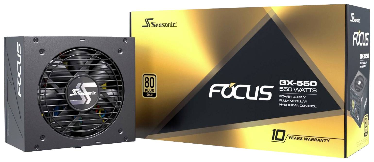 'Seasonic Focus GX-550' voeding met 550 Watt vermogen en 80 Plus Gold certificering, 10 jaar garantie; afgebeeld naast de verpakking.