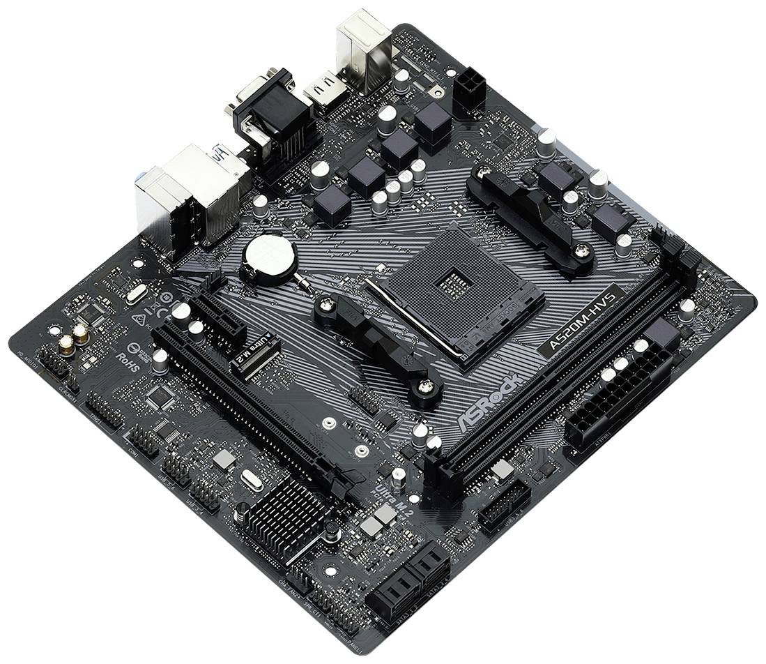 Een zwart moederbord met meerdere uitbreidingssleuven en aansluitingen, waaronder een CPU-socket en RAM-sleuven.
