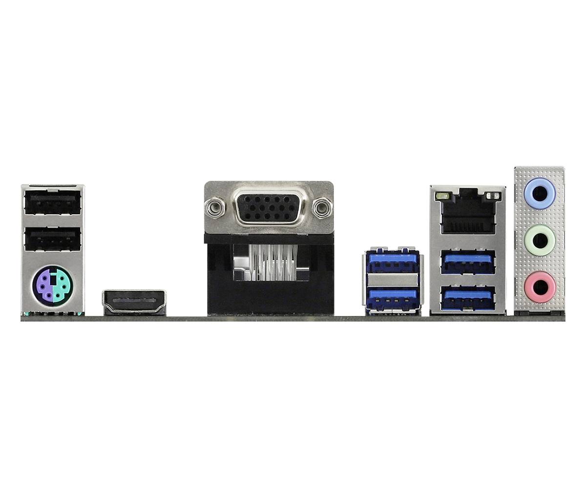 De achterkant van een computer-moederbord met aansluitingen: VGA, USB, LAN, HDMI, Audio en PS/2.