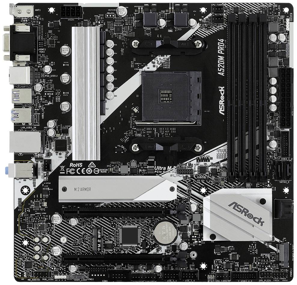 Moederbord ASRock A520M Pro4, ATX-formaat, met CPU-socket, geheugensleuven en aansluitingen voor randapparatuur.