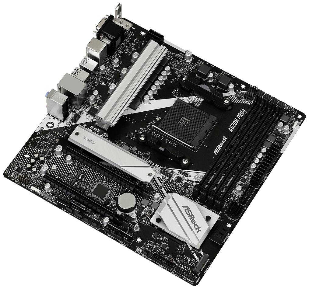 Een zwarte moederbord van ASRock, model 'A520M Pro4', met meerdere aansluitingen en sleuven, waaronder RAM-slots en een CPU-socket.