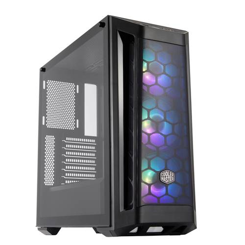 Zwart computerbehuizing met glazen zijpaneel en kleurrijke RGB-verlichting aan de voorkant; merklogo onderaan.