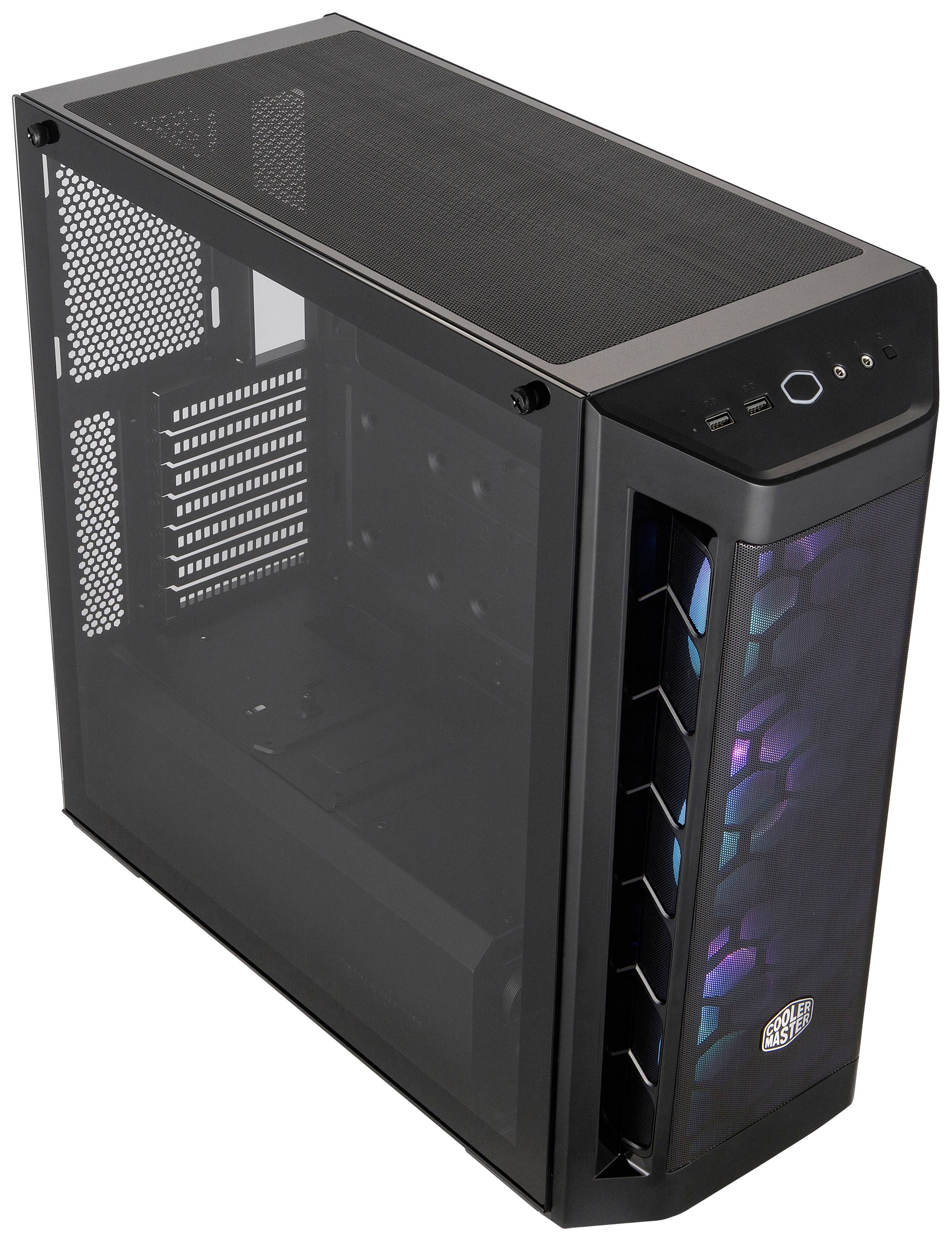 Zwart computerbehuizing met transparant zijpaneel en verlichte voorkant. Geschikt voor gaming-pc's en individuele configuraties.