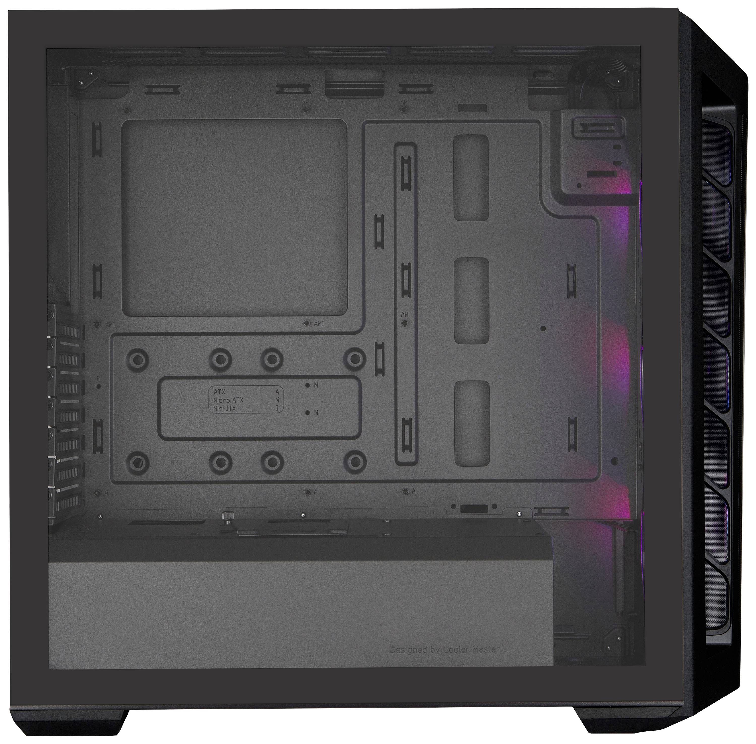 Leeg pc-behuizing met transparante zijwand, biedt ruimte voor moederbord, harde schijven en andere hardwarecomponenten.