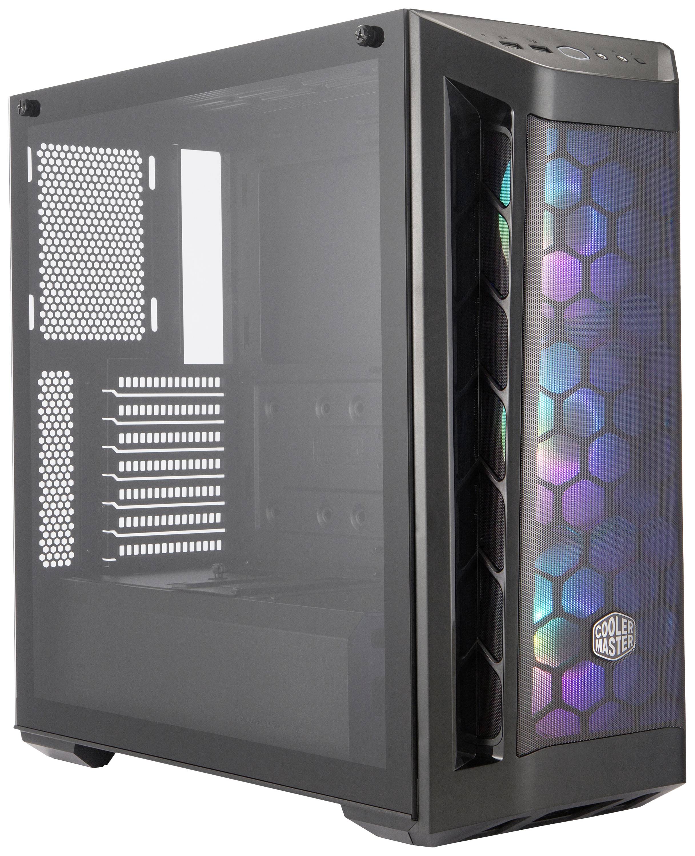 Een pc-behuizing met een transparant zijpaneel en RGB-verlichting aan de voorkant. Geschikt voor het samenstellen van een desktopcomputer.