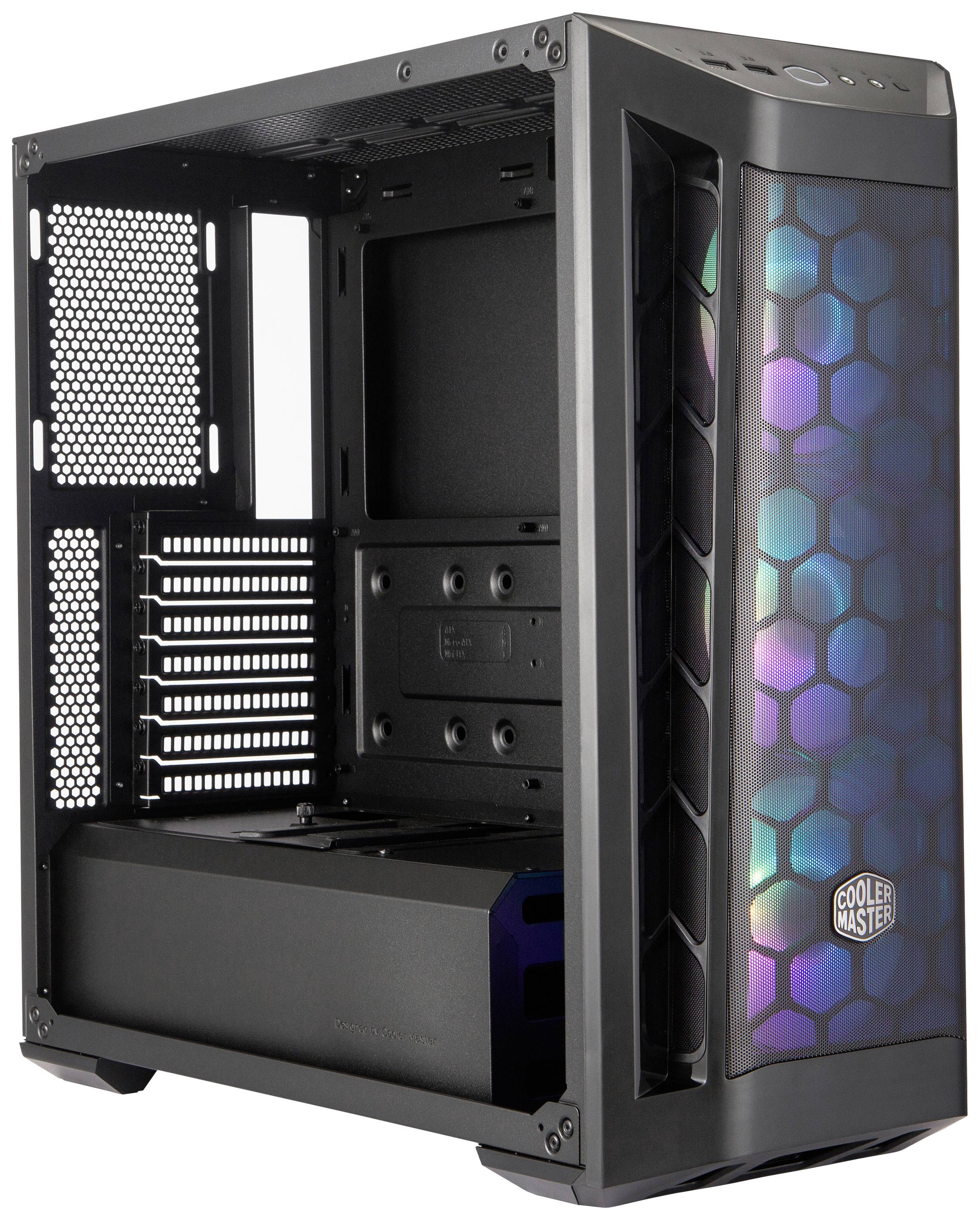 Zwart computerbehuizing met mesh-front en RGB-verlichting. Zichtbare ventilatorposities, uitbreidingssleuven en voedingseenheid.
