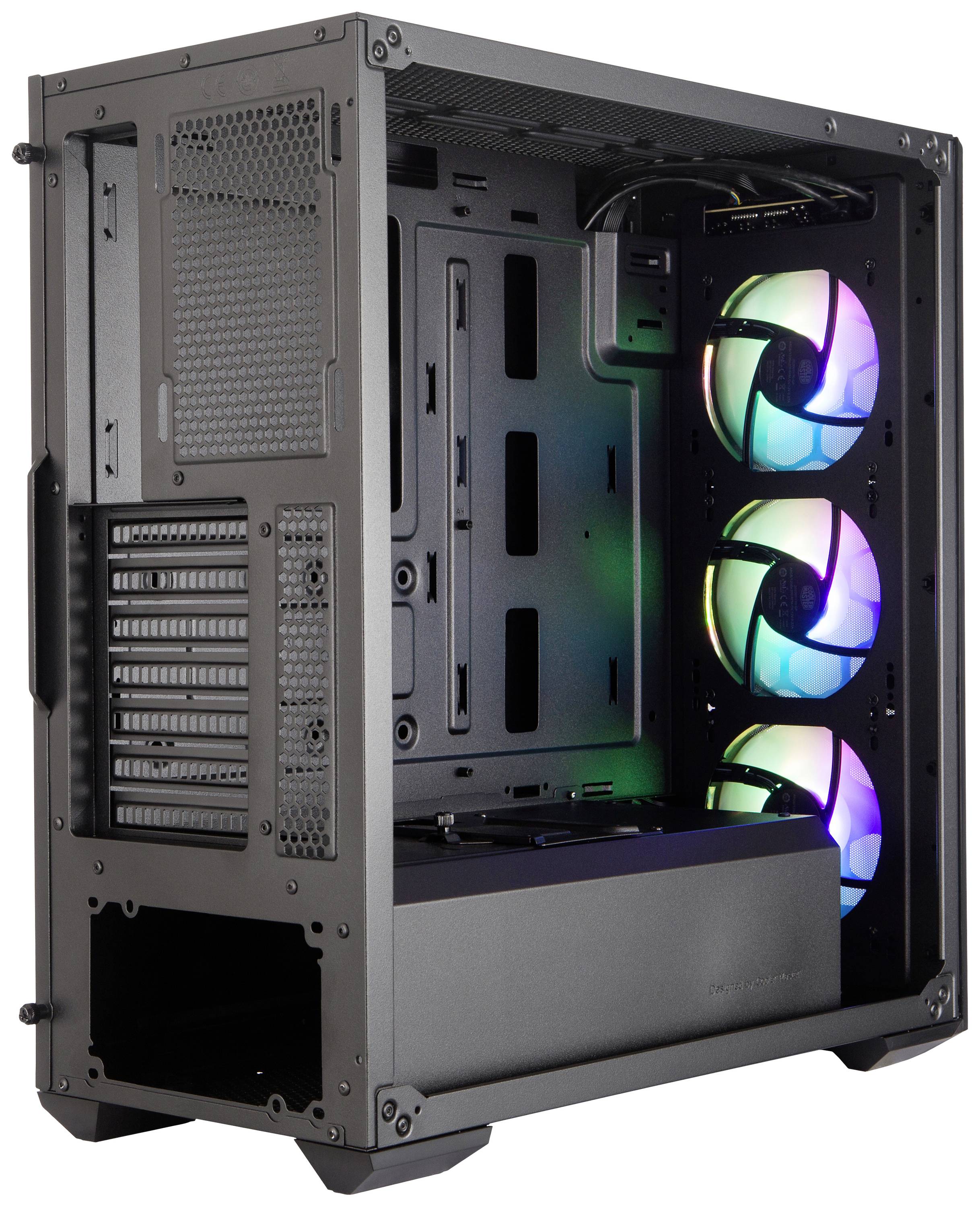 Zwart pc-behuizing met drie RGB-ventilatoren aan de voorkant. De behuizing is open en toont ruimte voor componenten en kabelbeheer.