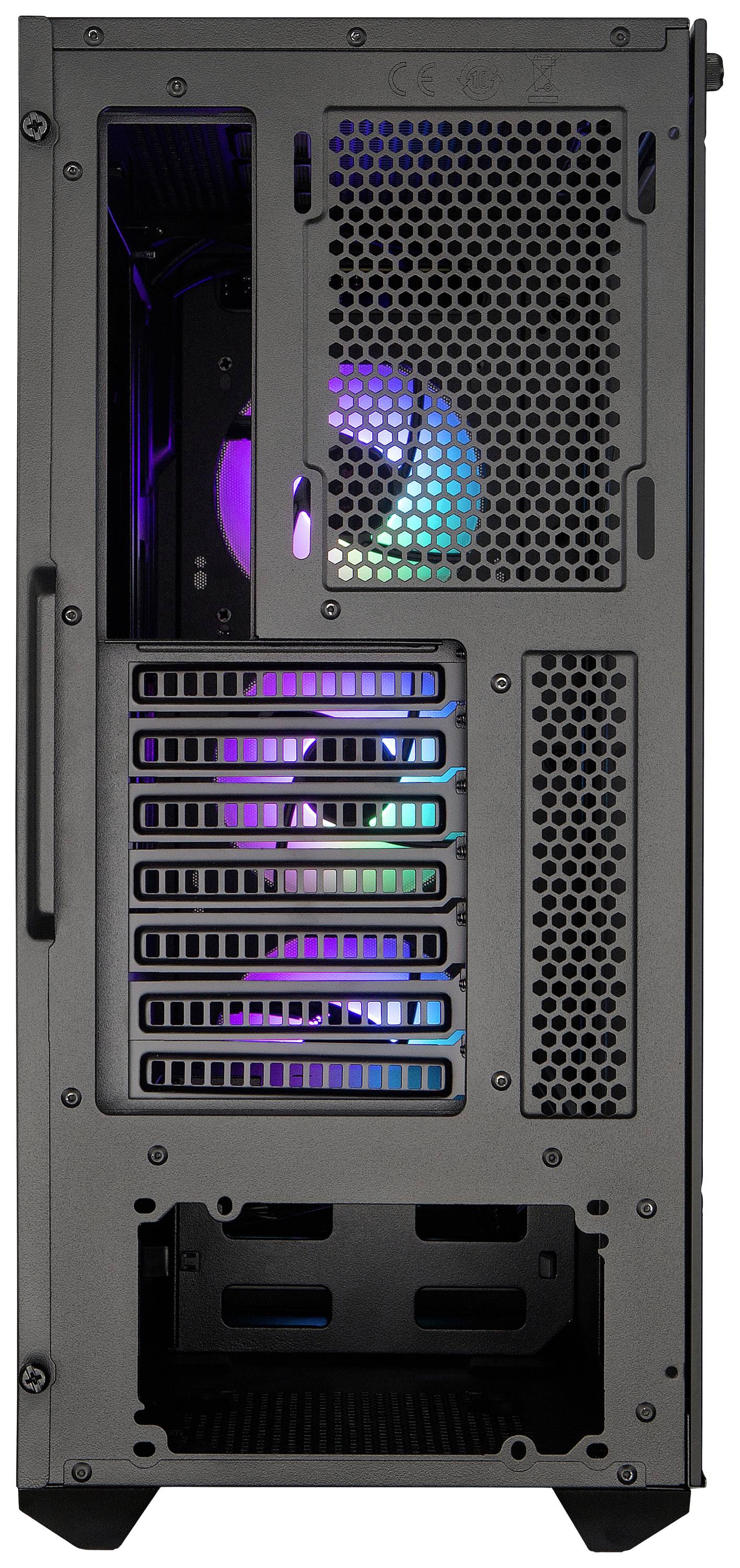 Achterzijde van een computerbehuizing met open ventilatie, RGB-ventilatoren en meerdere uitbreidingssleuven.