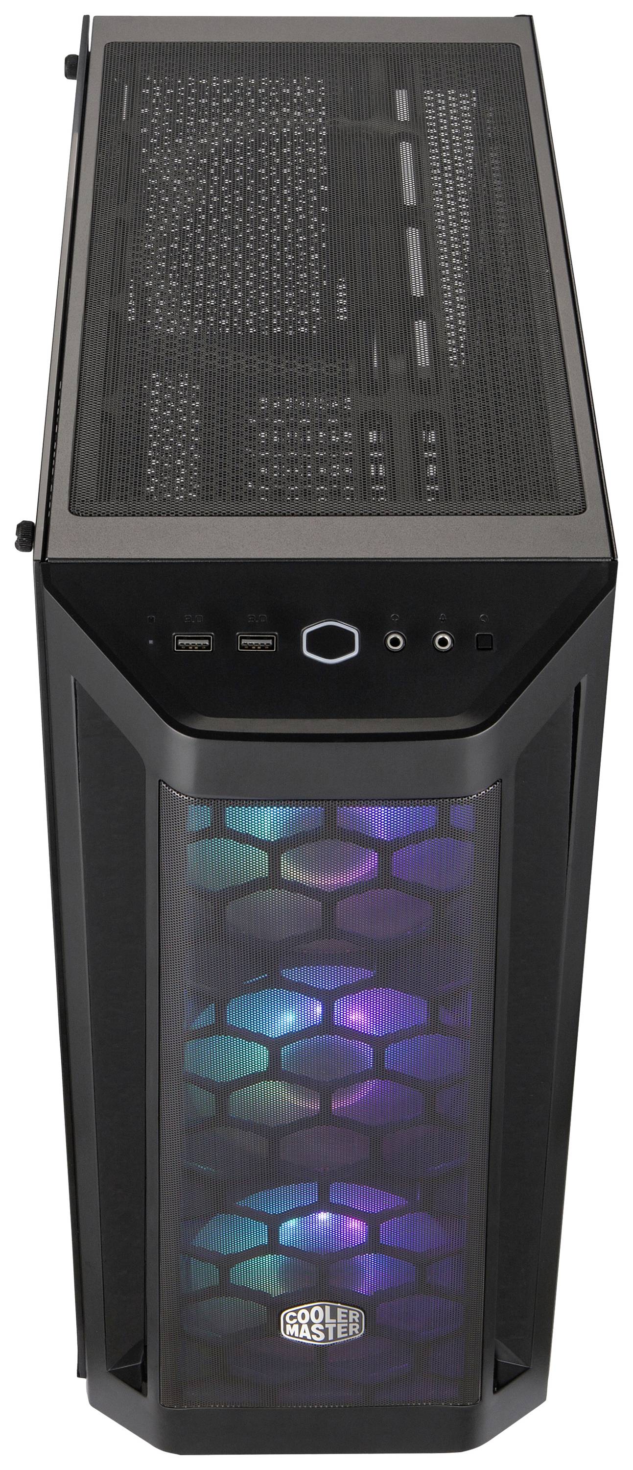 Een zwarte computerbehuizing met verlichte LED-voorkant toont een stijlvol, modern design. Bovenaan bevinden zich USB-poorten.