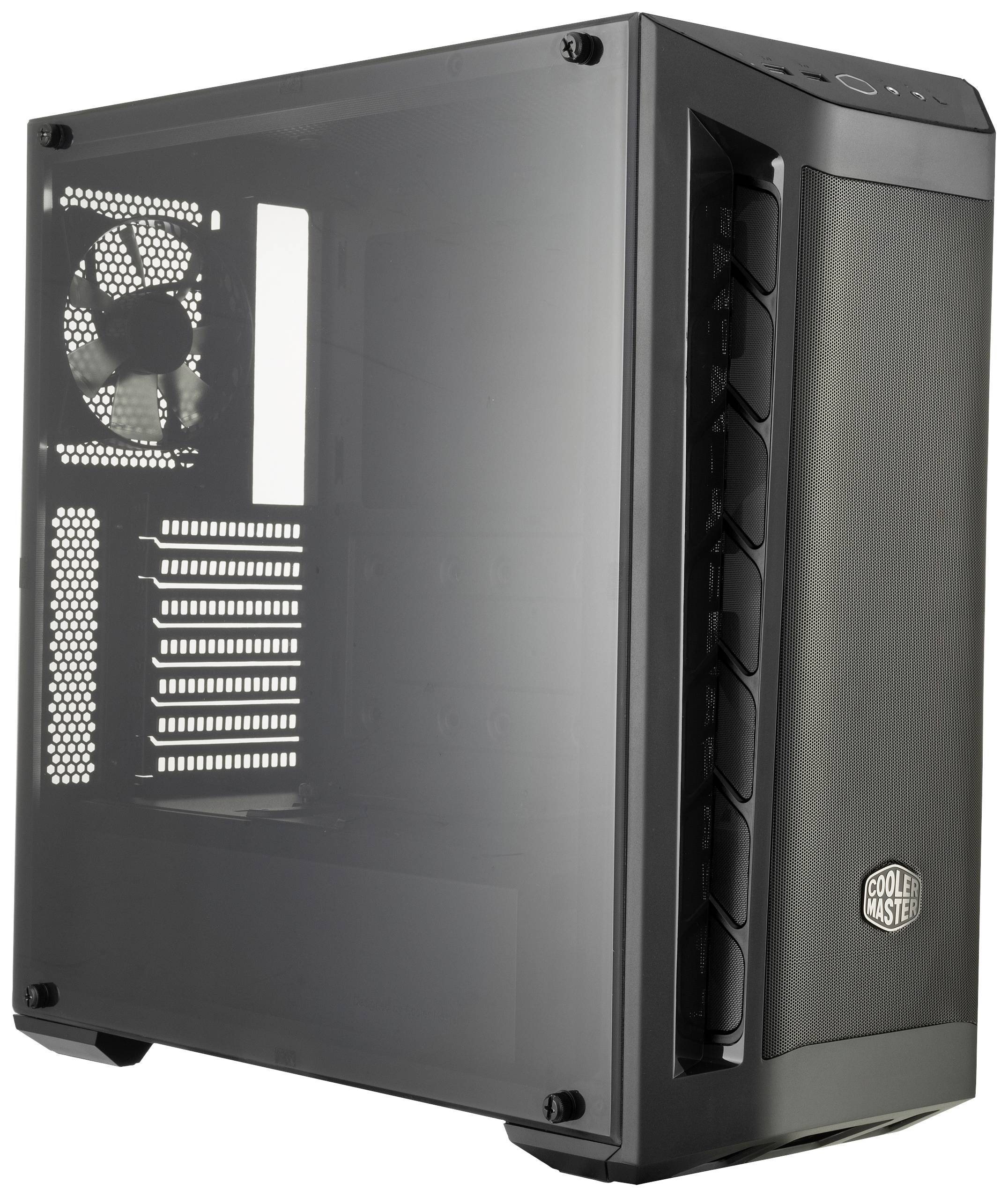 Een zwarte computerbehuizing met een transparant zijpaneel en zichtbare ventilator. Ideaal voor DIY-pc-bouwliefhebbers.