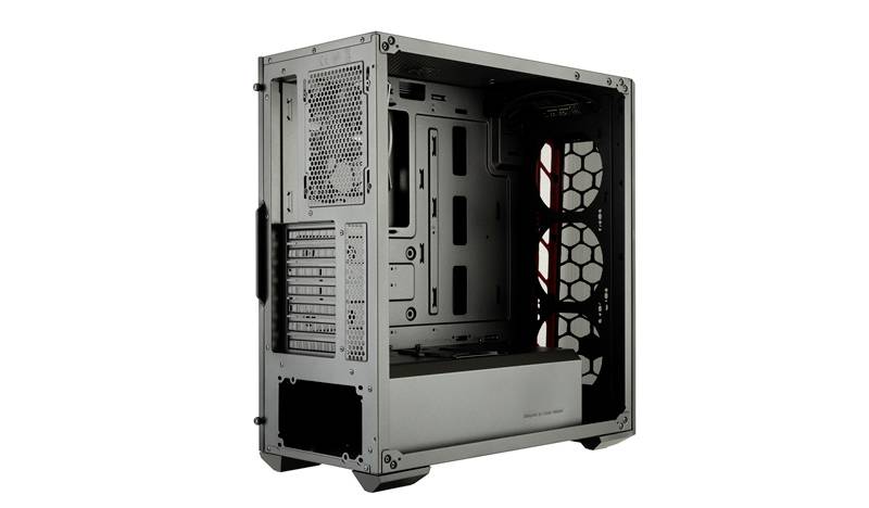 Leeg computerbehuizing met zicht op inbouwplaatsen voor ventilatoren en schijfeenheden, geschikt voor het assembleren van een pc.