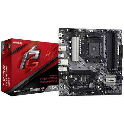 ASRock B550M Phantom Gaming 4 moederbord naast de verpakking. Toont aansluitingen en PCIe-slots, geschikt voor AMD-processors.