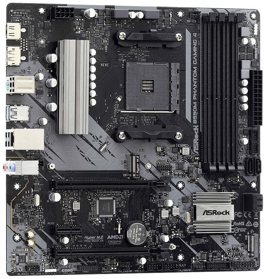 Een ASRock B550M Phantom Gaming 4 moederbord met meerdere aansluitingsmogelijkheden en koellichamen, geschikt voor AMD-processors.