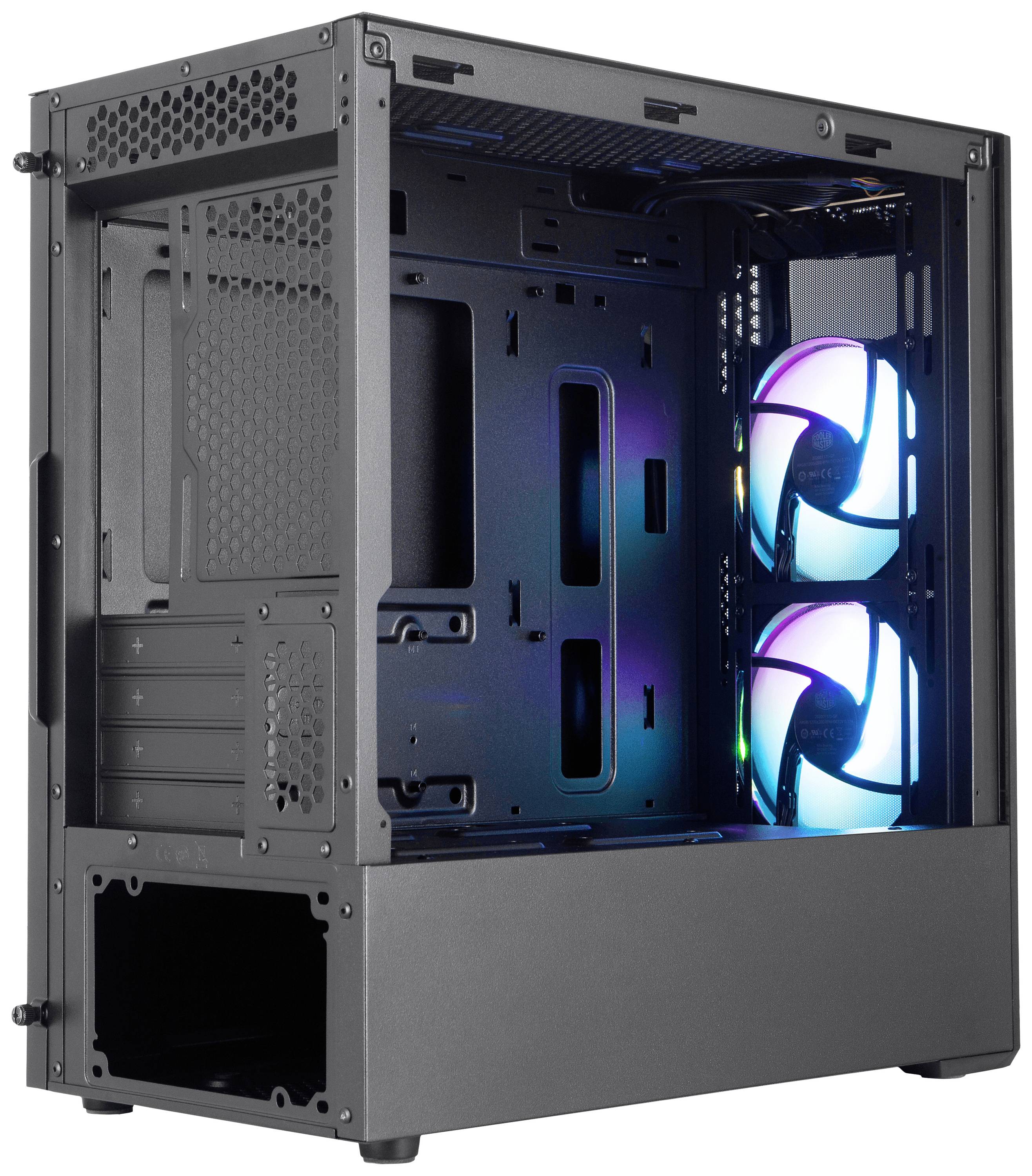 Leeg, zwart pc-behuizing met twee verlichte ventilatoren aan de voorkant.