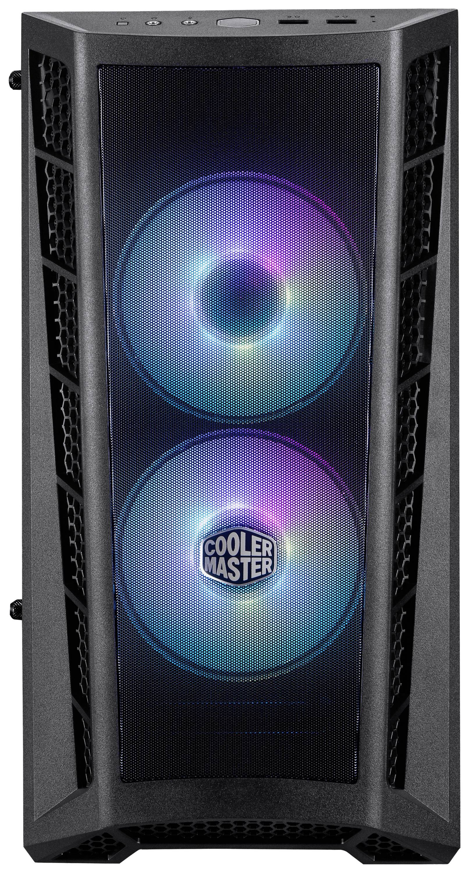 Computerbehuizing met twee grote, verlichte ventilatoren. Ventilatoren lichten op in verschillende kleuren. Merknaam 'Cooler Master' zichtbaar.