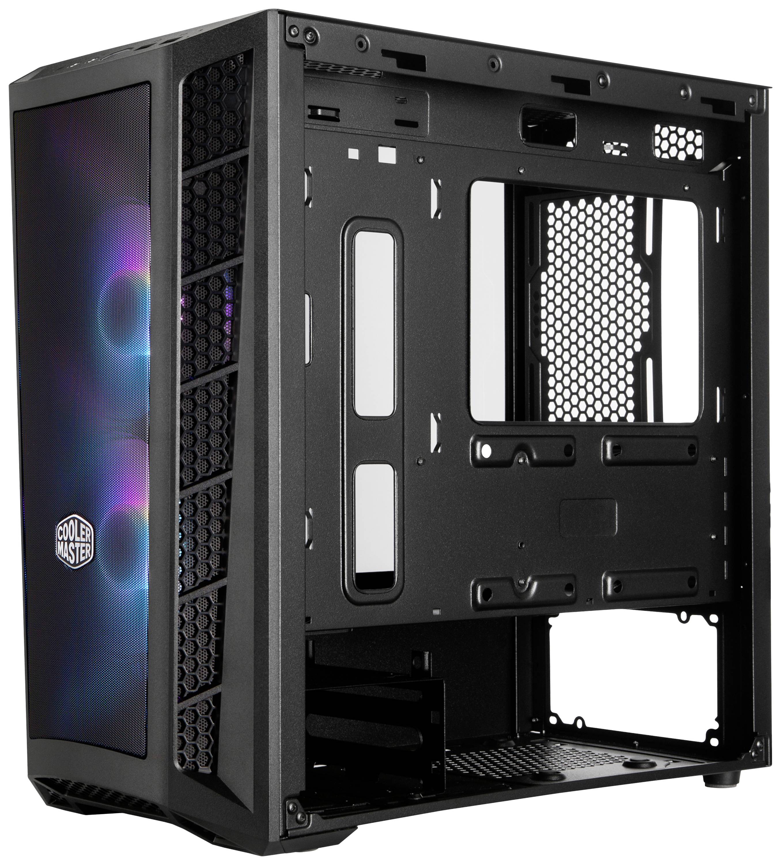 Zwart pc-behuizing zonder componenten; voorkant met Cooler Master-logo, open met zichtbaar verlichte ventilator aan de binnenkant.