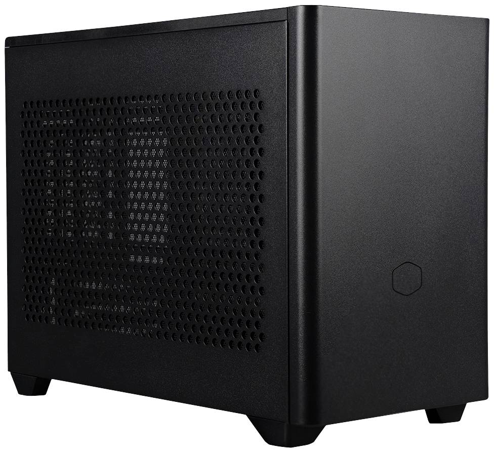 Een zwart, compact computerbehuizing met geventileerde zijwand en strakke voorkant, geschikt voor desktop-pc-bouwprojecten.