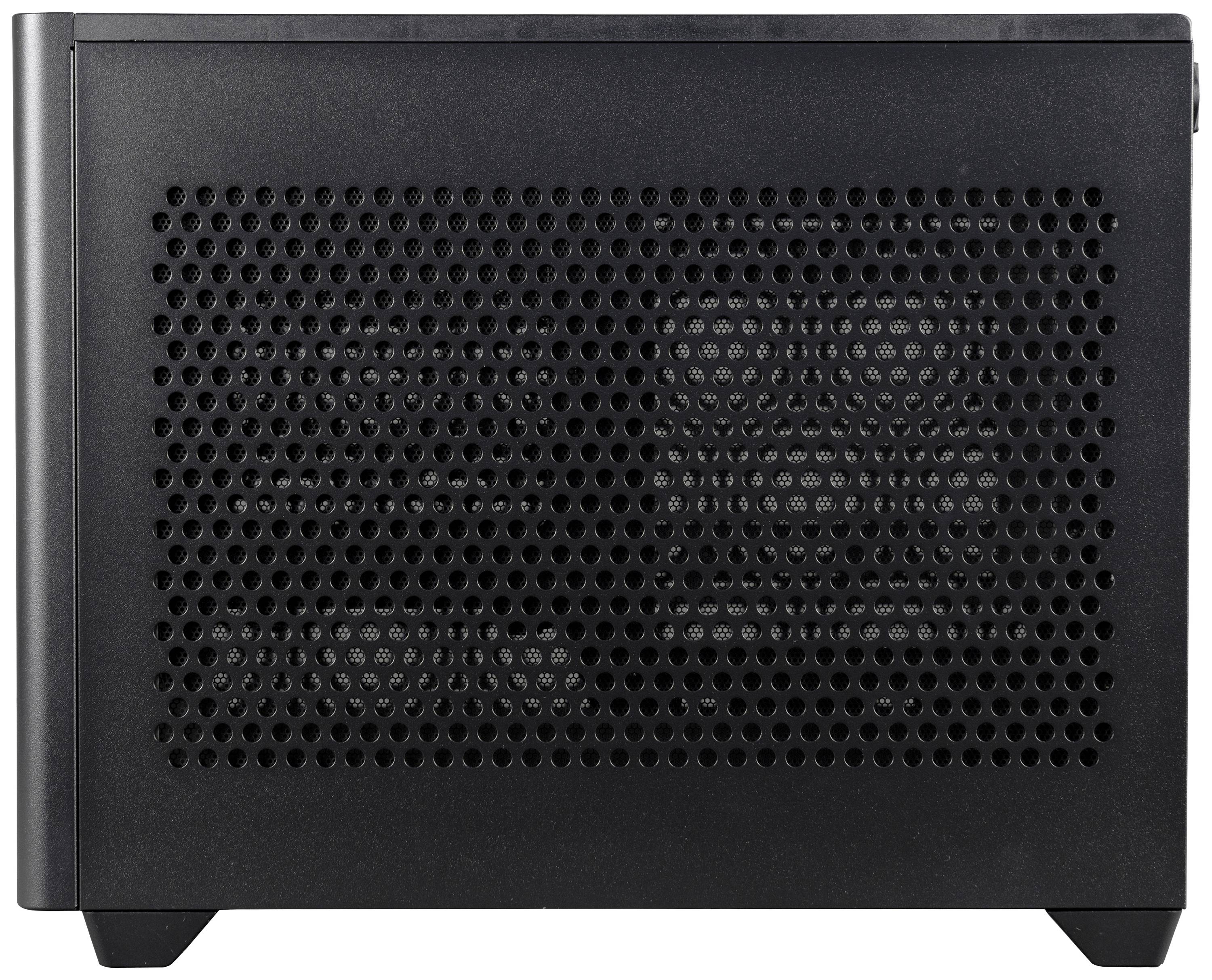 Zwart computerbehuizing met ventilatierooster, zijaanzicht.