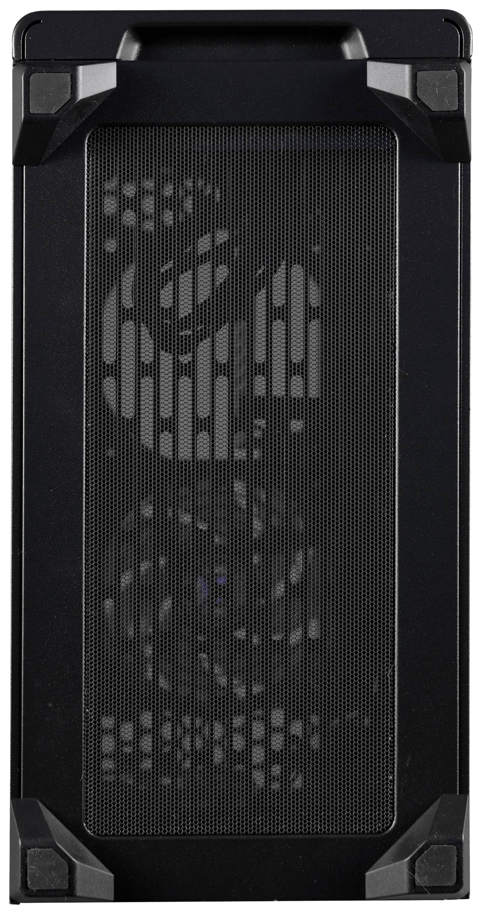 Zwart computerbehuizing met mesh-voorpaneel dat twee interne ventilatoren toont. Geschikt voor optimale koeling van PC-componenten.