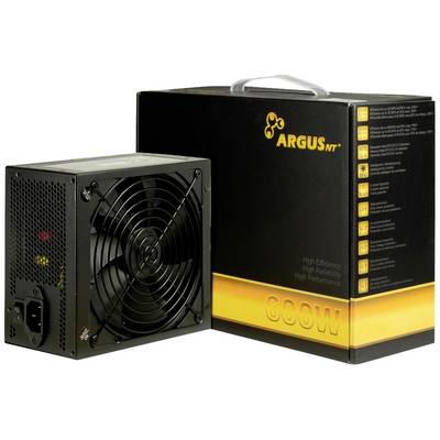 Computervoeding Argus NT 600W wordt weergegeven vóór zijn verpakking, die technische details en het logo toont.