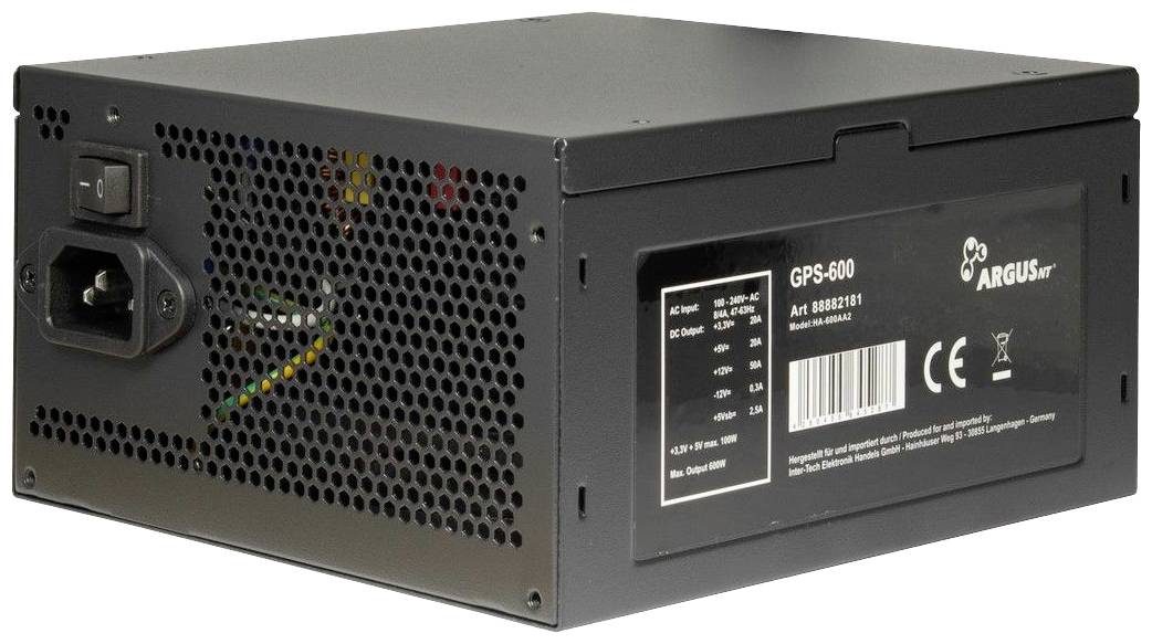 Zwart computervoedingsapparaat "ARGUS", model GPS-600, met ventilatierooster en stroomaansluiting rechts.