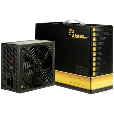 Voedingstoestel met zwarte behuizing en ventilator naast een verpakking met opschrift 'Argus 800W', benadrukt hoge efficiëntie en betrouwbaarheid.