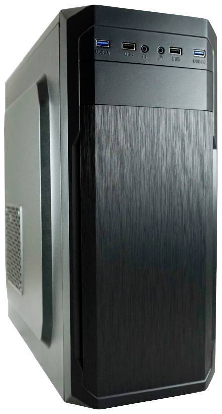 Een zwarte computer-behuizing-toren, staand rechtop, met meerdere USB-poorten en een ventilatierooster aan de zijkant.