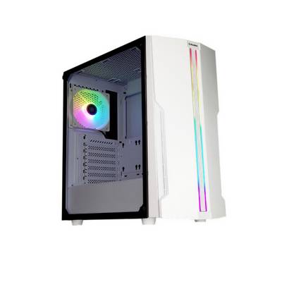 Een wit computerbehuizing met een transparant zijvenster, toont een ventilator met RGB-verlichting en een verticale LED-strip aan de voorkant.