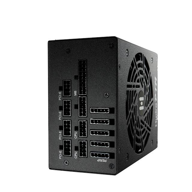 'Voeding met meerdere aansluitingen en ventilator, geschikt voor PC-componenten zoals CPU en GPU, gemarkeerd met PCIe- en MB-aansluitingen.'